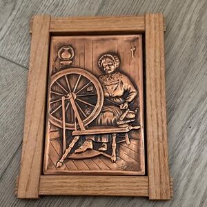 Vintage copper repouse Albert Nadeau plaque women spinning wool